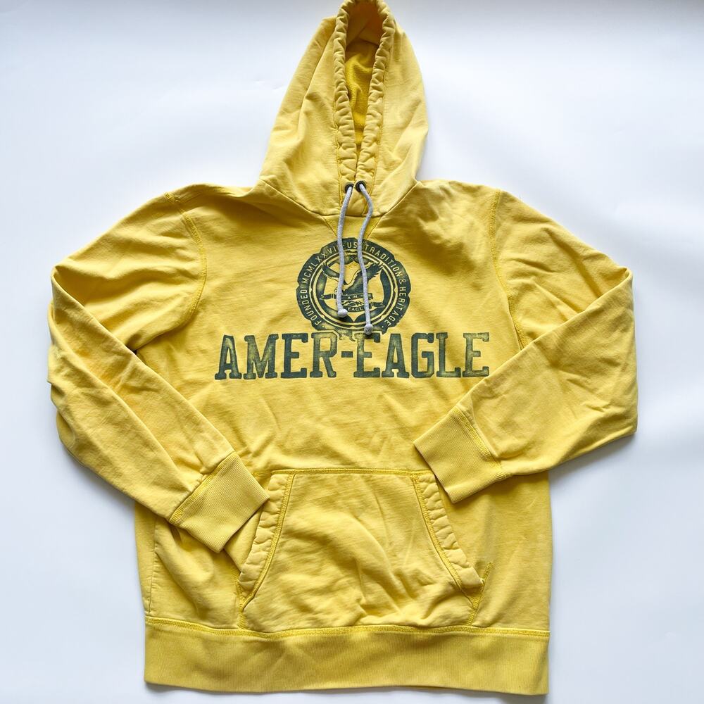 Men's American Eagle Y2K Yellow Spell-out Graphic Hoodie Size XLT